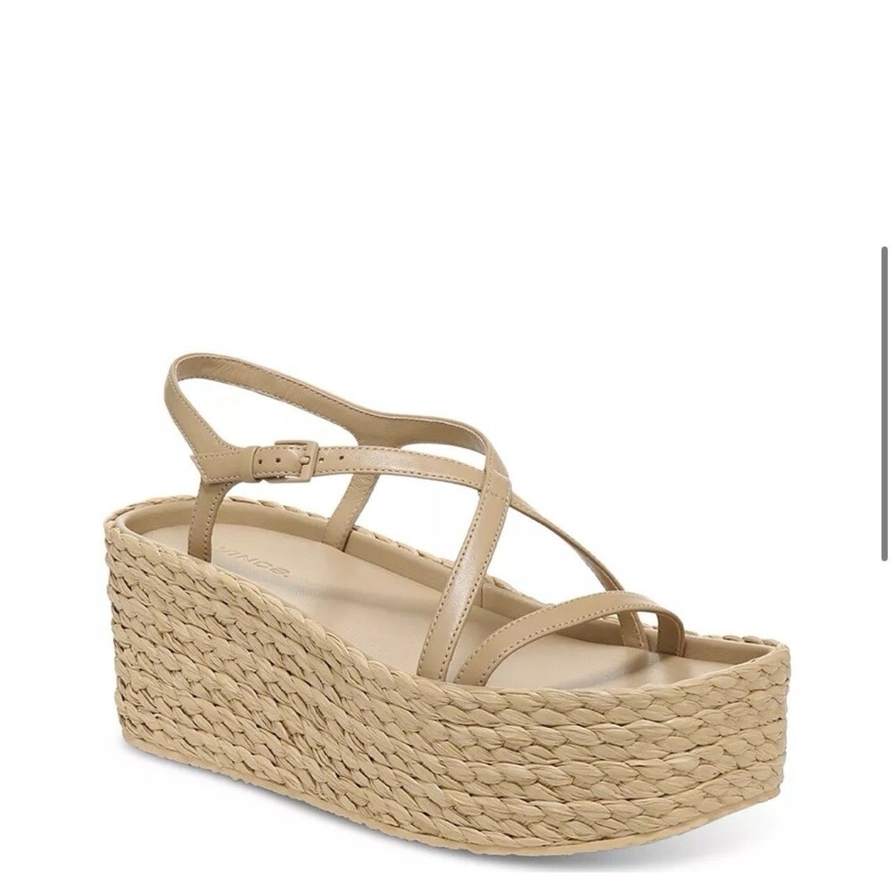 Vince Women's Maxine 2 Strappy Espadrille Platform Wedge Sandals Tan Size 6 EUC